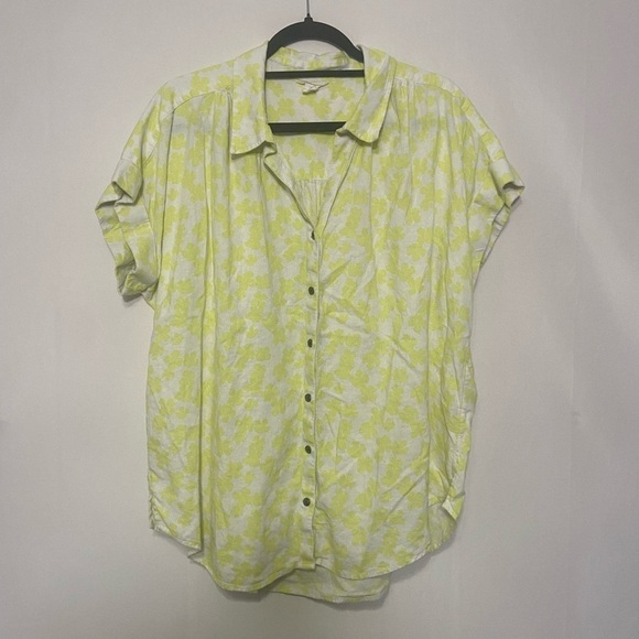 Caslon EUC rayon linen blend bright yellow abstract floral print button down XL - Picture 1 of 5